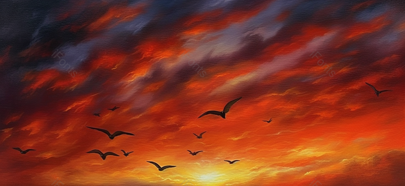 油画风哥火山云晚霞时分广阔的天空中一群飞鸟向着太阳飞去背景插画,插画/手绘图,插画/手绘图库,插画/手绘图下载,插画/手绘